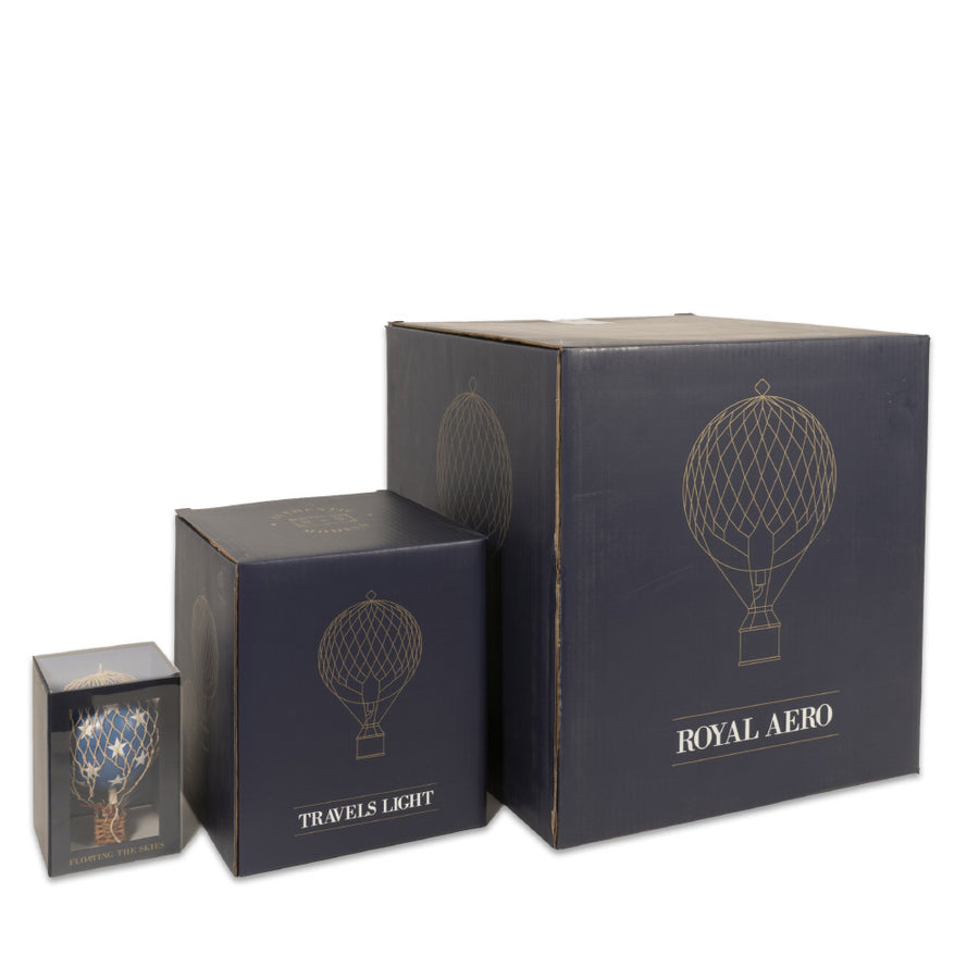 Vintage stílusú, kis méretű, függeszthető, piros-bézs színű dekorációs hőlégballon díszdobozban