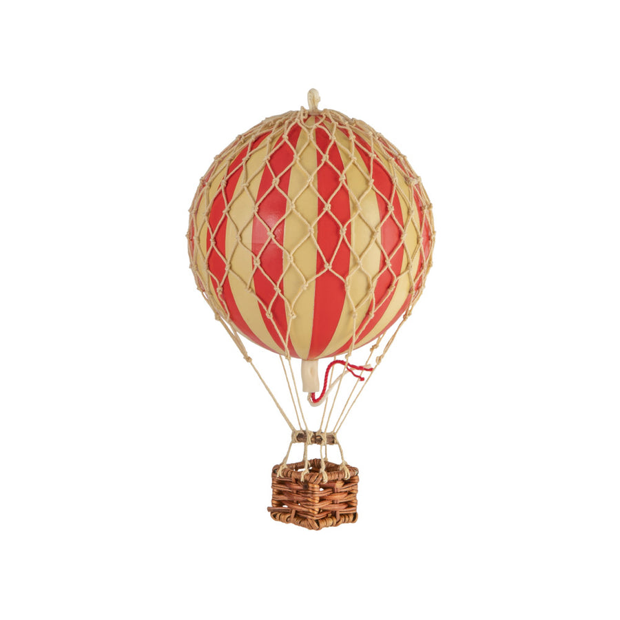 Vintage stílusú, kis méretű, függeszthető, piros-bézs színű dekorációs hőlégballon díszdobozban
