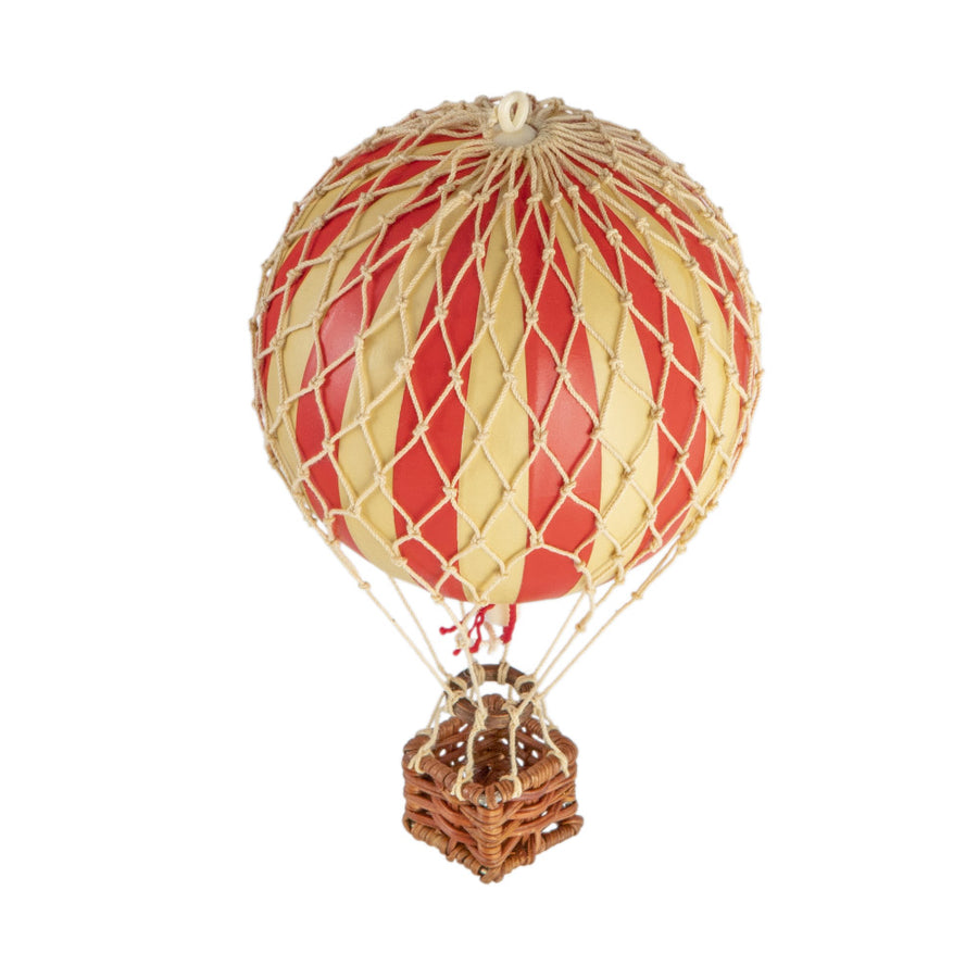 Vintage stílusú, kis méretű, függeszthető, piros-bézs színű dekorációs hőlégballon díszdobozban