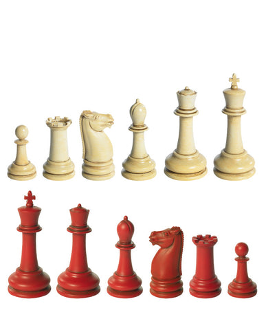 32 darabos, vintage stílusú, műanyagból készült, vörös és elefántcsontszínű, Staunton sakkfigura készlet replika.