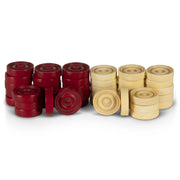 40 darabos, vintage stílusú, műgyantából készült, vörös és elefántcsontszínű dámajáték korong készlet díszdobozban.