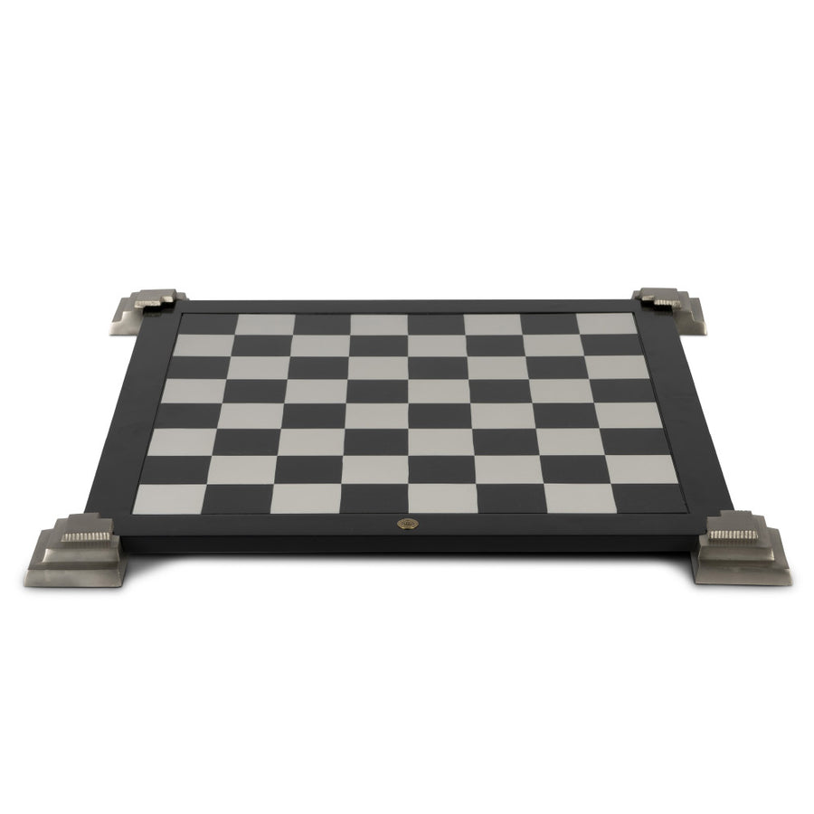 Kétoldalas, modern stílusú, fekete játéktábla,csúsztatható fém saroktalapzatokkal.