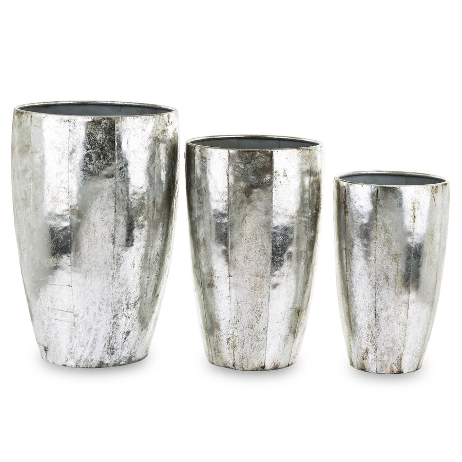 Kortárs stílusú, antikolt ezüstszínű, nagyméretű, három darabos fém kaspó szett