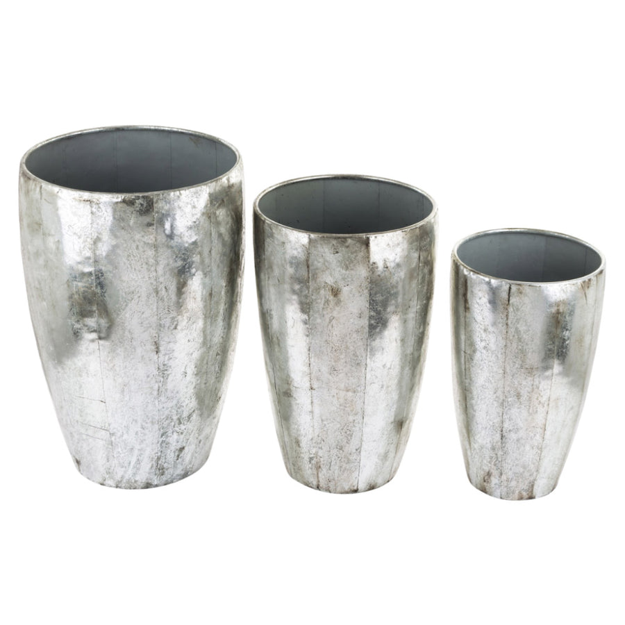 Kortárs stílusú, antikolt ezüstszínű, nagyméretű, három darabos fém kaspó szett