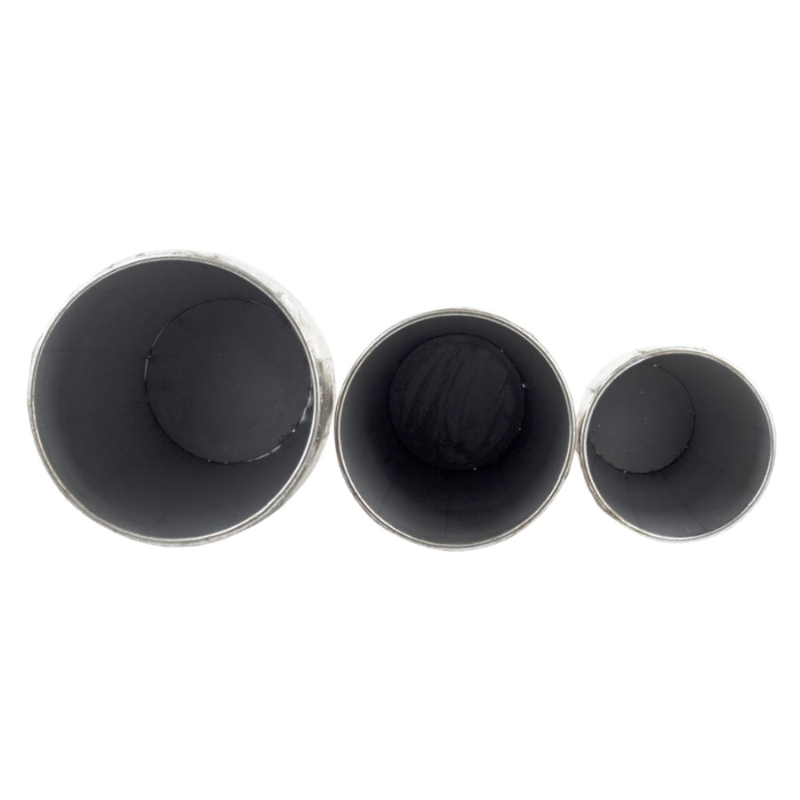 Kortárs stílusú, antikolt ezüstszínű, nagyméretű, három darabos fém kaspó szett