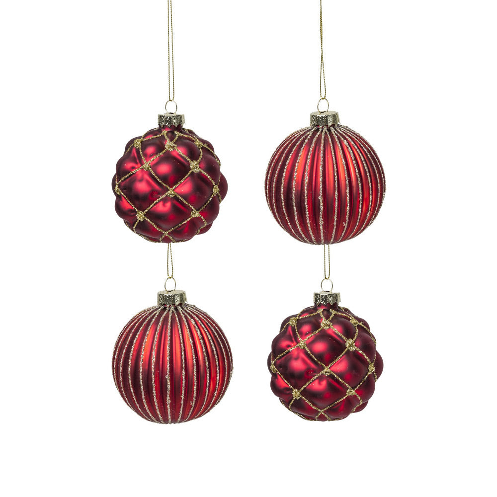 Piros üveg karácsonyfadísz szett arany glitterrel – bordázott és rácsmintás gömbök, 8 cm.