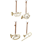 Arany fém minihangszer karácsonyfadísz szett – trombita, kürt, tuba, harsona, bőrszíjjal.
