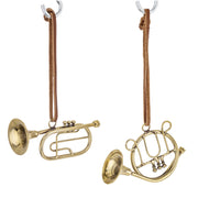 Mini arany trombita és kürt karácsonyfadísz – részletgazdag fémhangszerek.