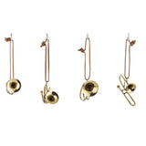 Négydarabos arany fúvós hangszer karácsonyfadísz szett – vintage stílus, bőrszíjjal.