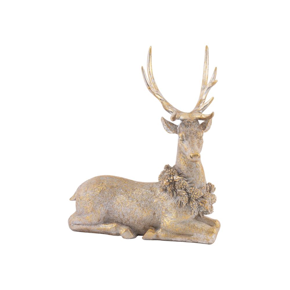 Vintage arany szarvas dekoráció fekvő pozícióban, részletgazdag antikolt felülettel, enyhén oldalnézetből