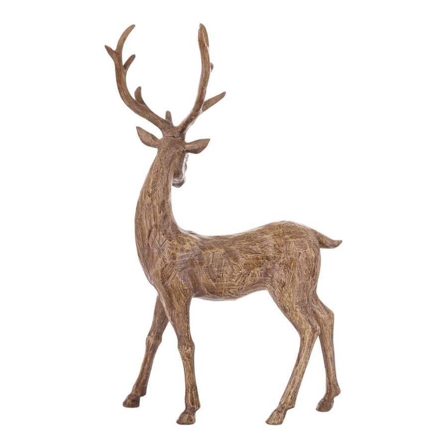 Natúr színű, műgyanta szarvas figura – oldal-hátsó nézet, faragott fa textúrával