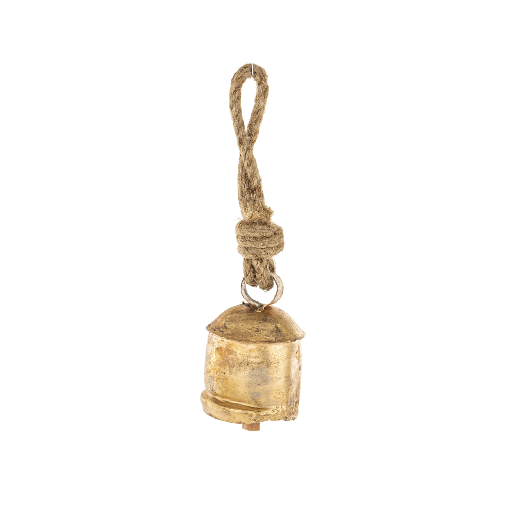 Antik aranyszínű fém karácsonyi harang 21 cm – oldalnézet, jutazsinóros akasztóval