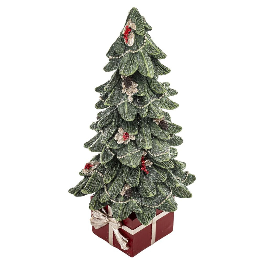 Részletfotó – műgyanta fenyő ágak, bogyódíszek és hóhatás