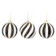 Fekete-fehér csíkos, arany glitteres üveg karácsonyfadísz szett – három darab, 8 cm, függesztve.