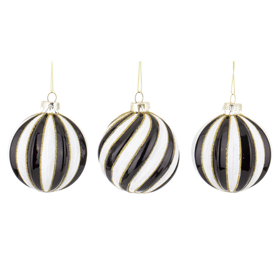 Fekete-fehér csíkos, arany glitteres üveg karácsonyfadísz szett – három darab, 8 cm, függesztve.