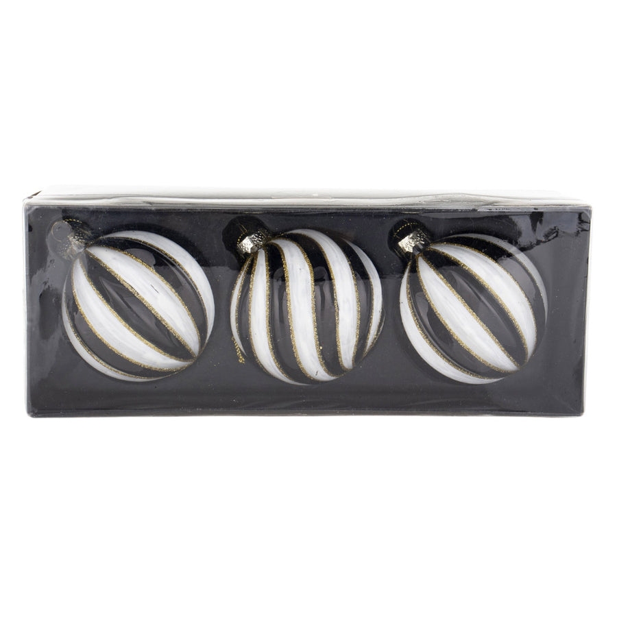 Háromdarabos fekete-fehér, arany csillámos üveg karácsonyfadísz szett fekete díszdobozban.