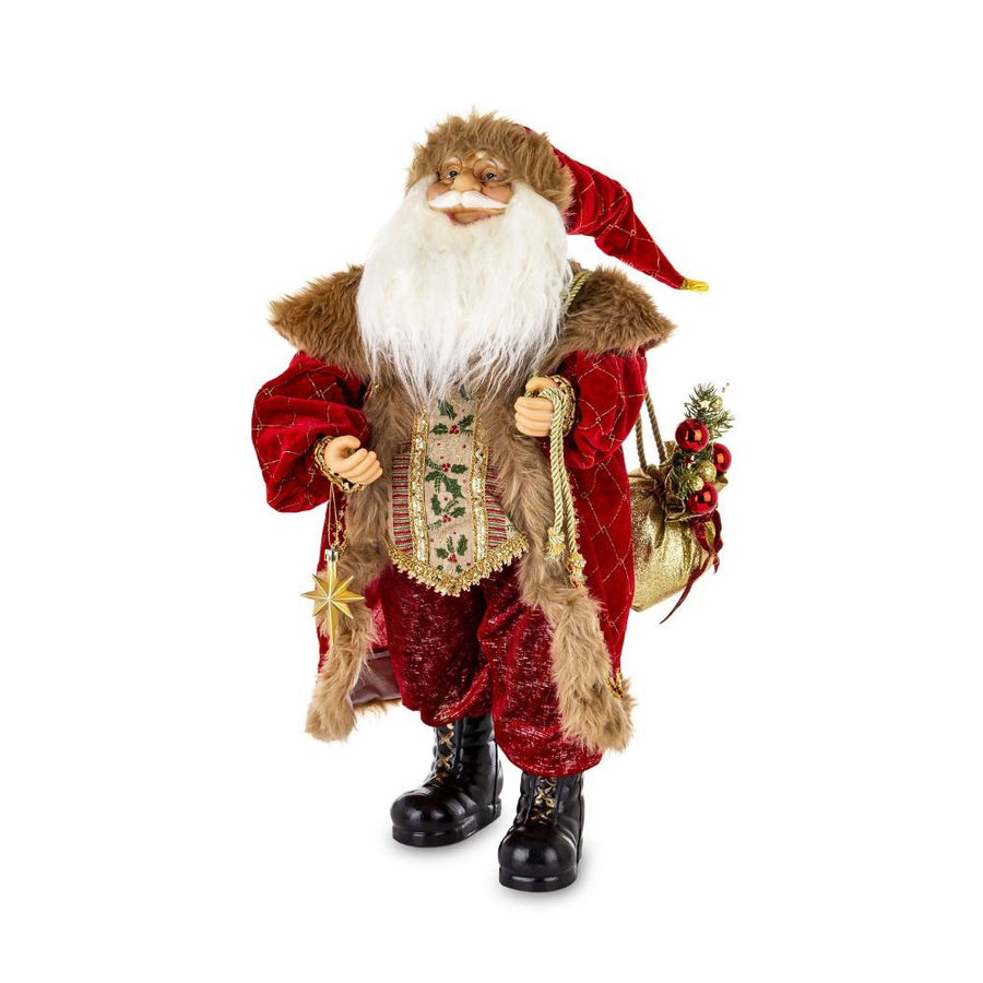 Heritage bordó Mikulás figura 65 cm magas, előlnézet, díszes ruhában arany puttonnyal