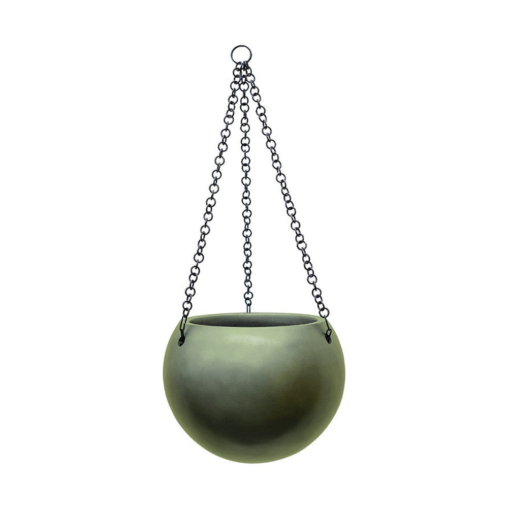 BAQ Gradient függeszthető kompozit kaspó Forest Green színben, gömb formában, három láncos felfüggesztéssel, Ø 24 cm, 19 cm magas.