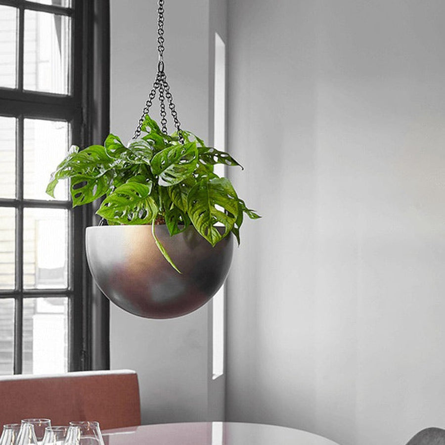 BAQ Gradient függeszthető kaspó Matt Coffee árnyalatban, zöld növénnyel, ablak előtt, étkezőasztal fölé akasztva.