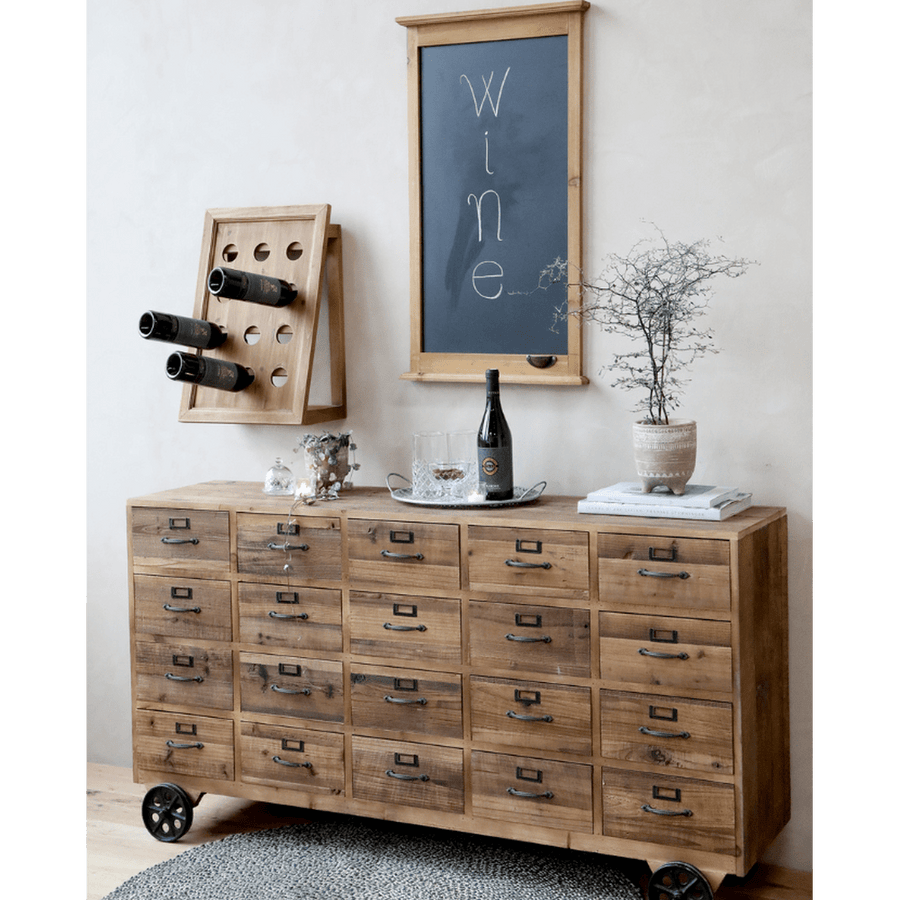 Loft stílusú, jegenyefenyőfából és fémből készült, 20 fiókos komód