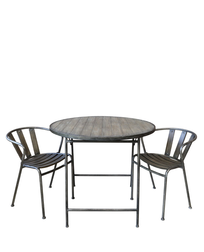 Loft stílusú, fenyőfából és fémből készült, antikolt felületű bárasztal két darab székkel
