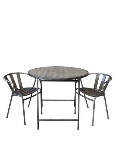 Loft stílusú, fenyőfából és fémből készült, antikolt felületű bárasztal két darab székkel