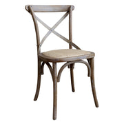 Vidéki stílusú, kaucsukfa étkezőszék, X-alakú háttámlával valamint rattan ülőfelülettel.