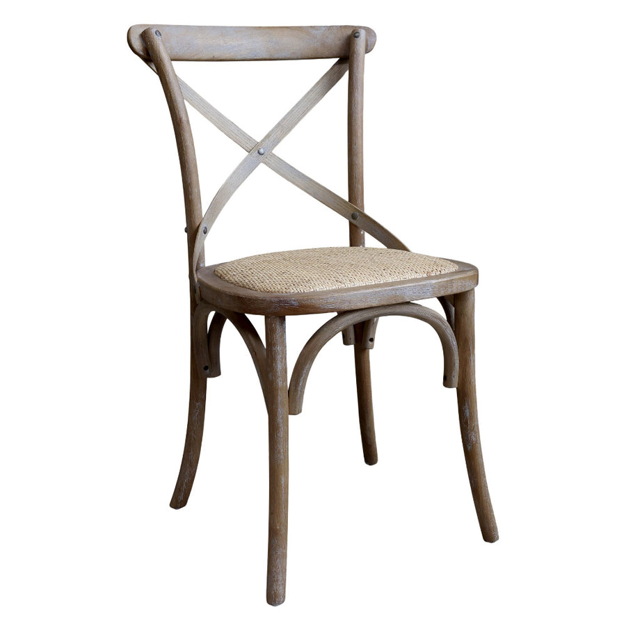 Vidéki stílusú, kaucsukfa étkezőszék, X-alakú háttámlával valamint rattan ülőfelülettel.