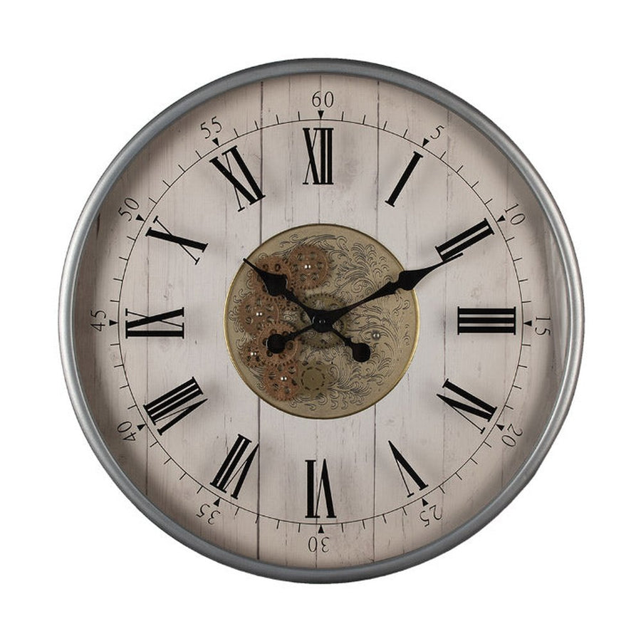 Vintage stílusú, antikolt fehér színű falióra láthathó mechanikus szerkezettel.