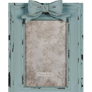 Vintage stílusú, masnival díszített, szürkéskék színű antikolt asztali-fali fényképtartó