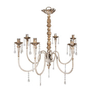 Shabby chic stílusú,kristályokkal díszített, antikolt krém- és aranyszínű, hatkarú fém csillár.