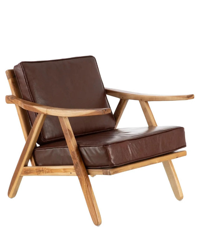 Kortárs stílusú, teakfából és valódi bőrből készült fotel. 