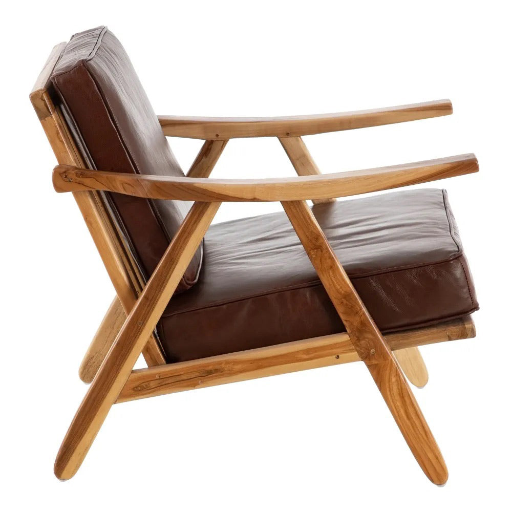 Kortárs stílusú, teakfából és valódi bőrből készült fotel. 