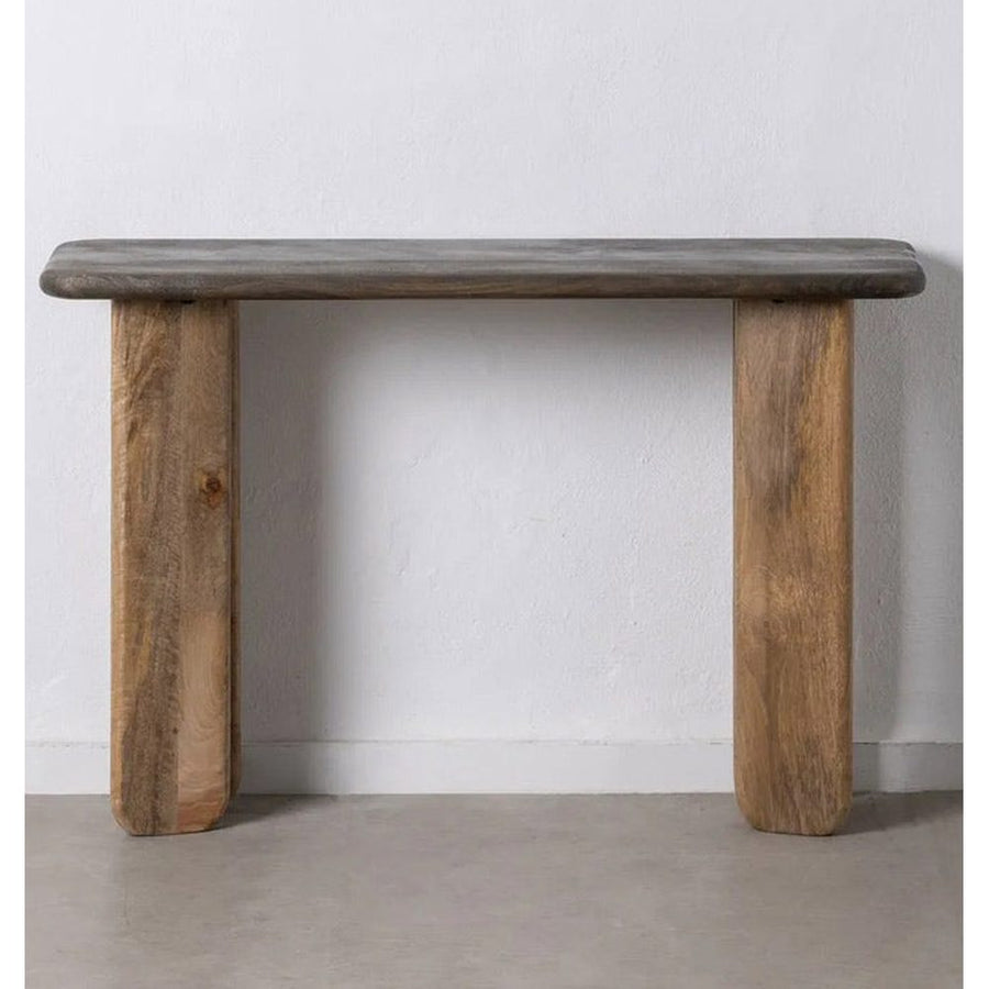 Kortárs stílusú, mangófából készült, natúr és sötétbarna színű konzolasztal.