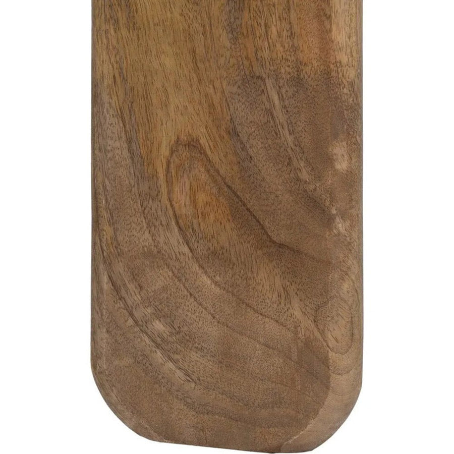 A kortárs stílusú, mangófából készült, natúr és sötétbarna színű konzolasztal láb részlete.