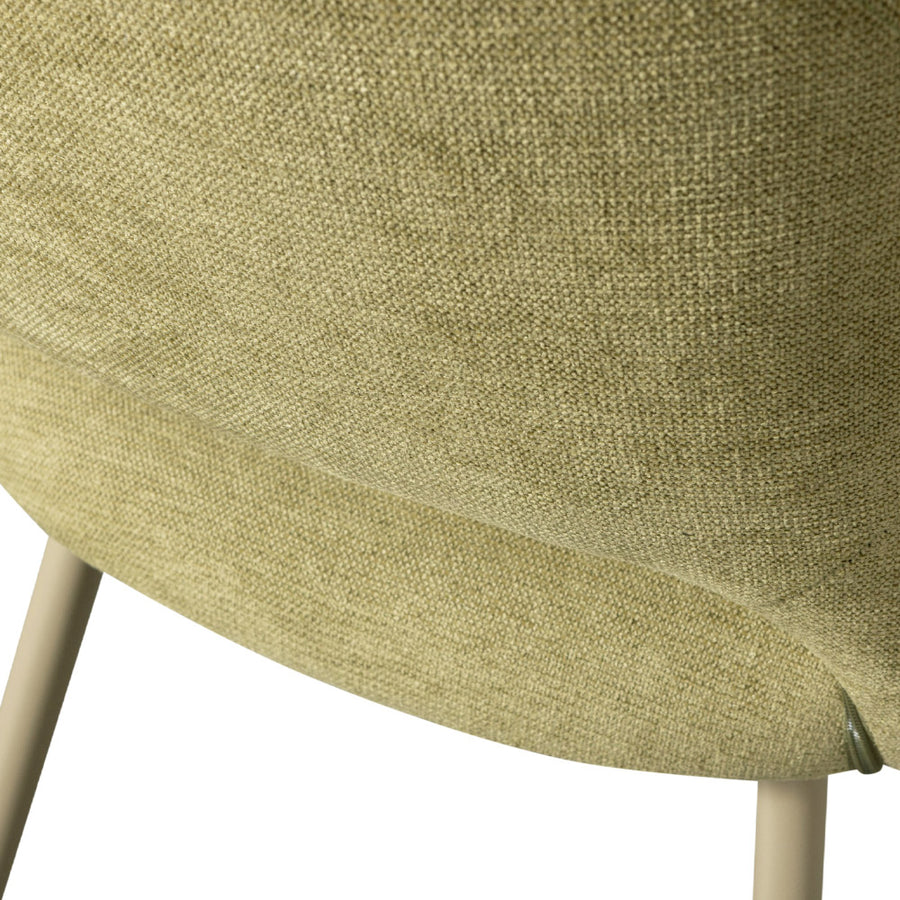 Kortárs stílusú, fémvázas étkezőszék, zsályazöld színű szövettel kárpitozva