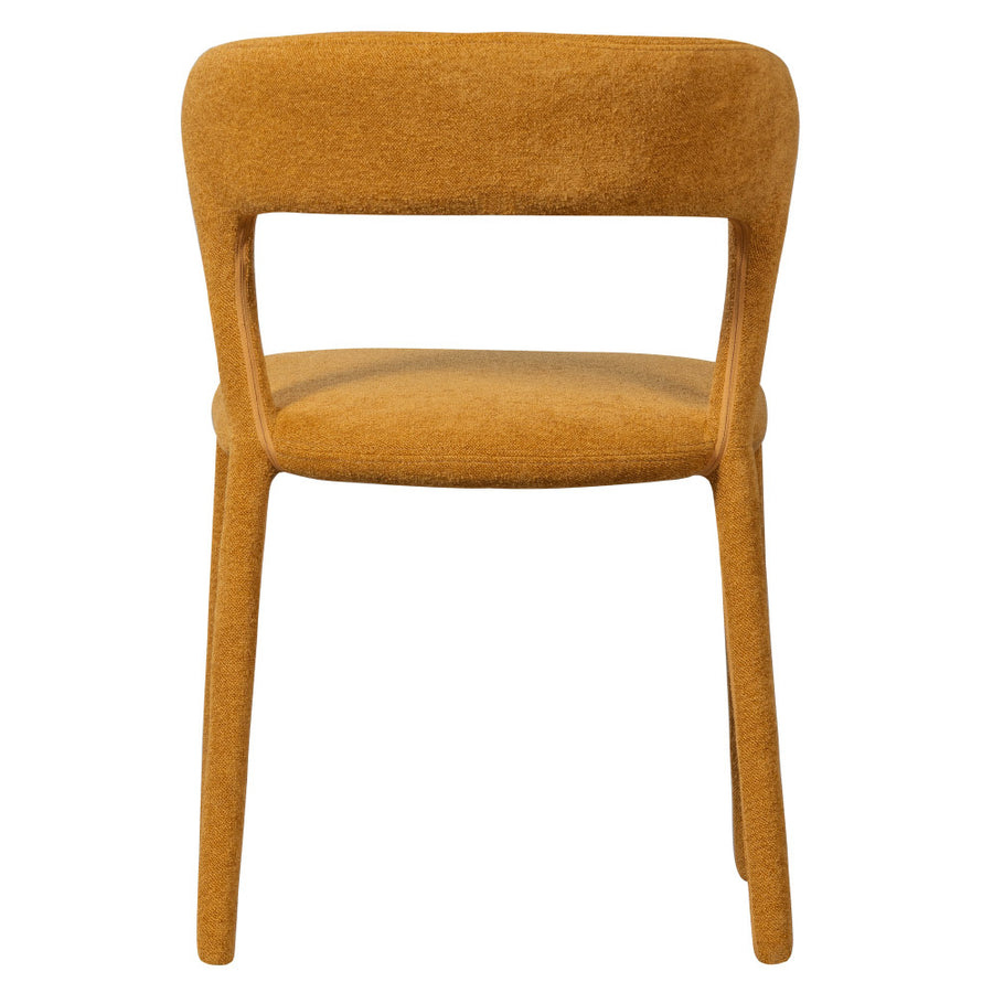 Kortárs stílusú, mustársárga színű, buklé hatású szövettel kárpitozott étkezőszék