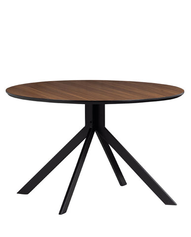Kortárs stílusú, matt fekete színű fém étkezőasztal, natúr színű diófa furnérral borított asztallappal