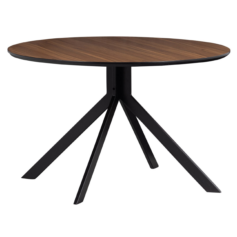 Kortárs stílusú, matt fekete színű fém étkezőasztal, natúr színű diófa furnérral borított asztallappal