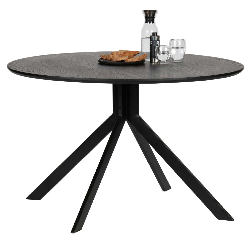 Kortárs stílusú, matt fekete színű fém étkezőasztal, fekete MDF asztallappal