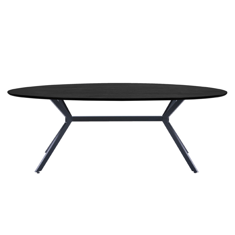 Kortárs, matt fekete színű fém, ovális étkezőasztal magas minőségű, fekete színű MDF asztallappal