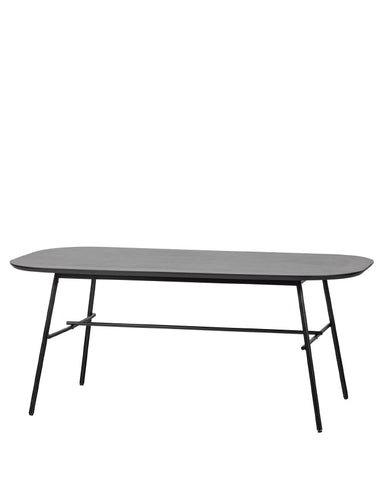 Kortárs stílusú, fekete színű, fém étkezőasztal mangófa asztallappal