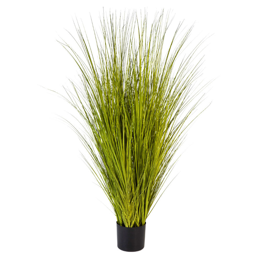 Zöld színű, mű japánfű bokor, fekete műanyag kaspóban