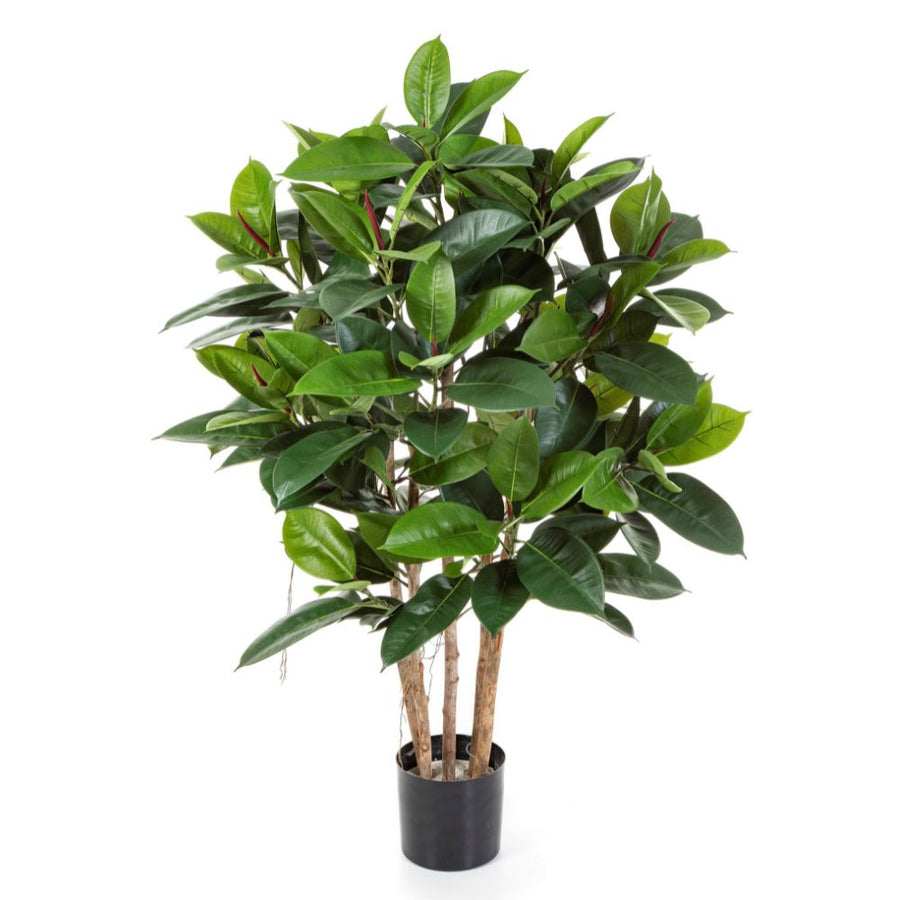 Élethű megjelenésű, Mesterséges fikusz cserje fekete színű, műanyag kaspóban.