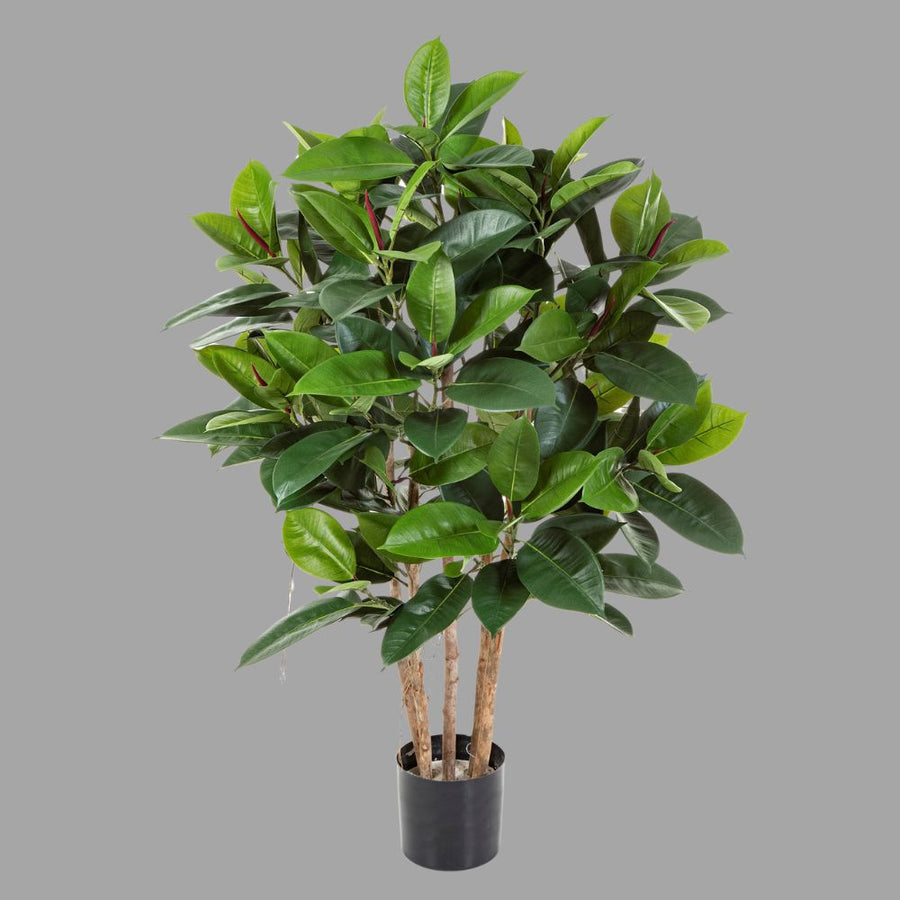 Élethű megjelenésű, Mesterséges fikusz cserje fekete színű, műanyag kaspóban.