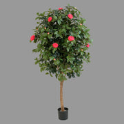 Élethű megjelenésű, piros színű virágokkal és bimbókkal tarkított kamélia cserje