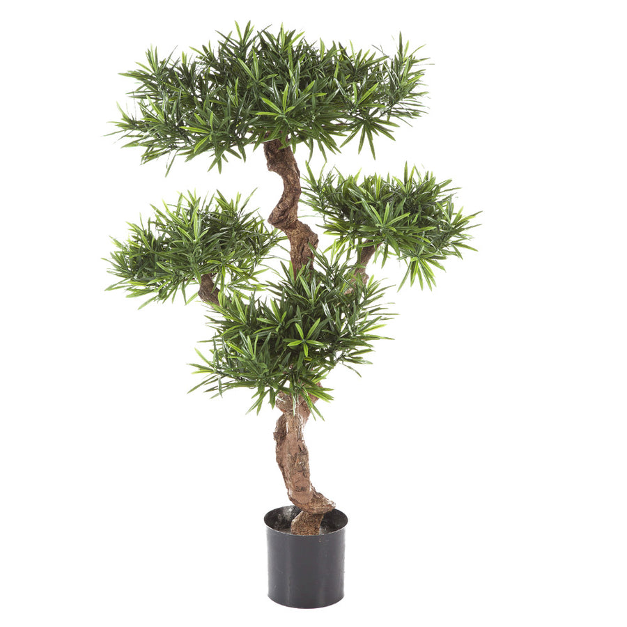 Élethű megjelenésű, mű kőtiszafa, fekete színű műanyag cserépben.