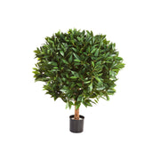 Élethű megjelenésű, gömb alakú, mű babérfa fekete, műanyag cserépben.