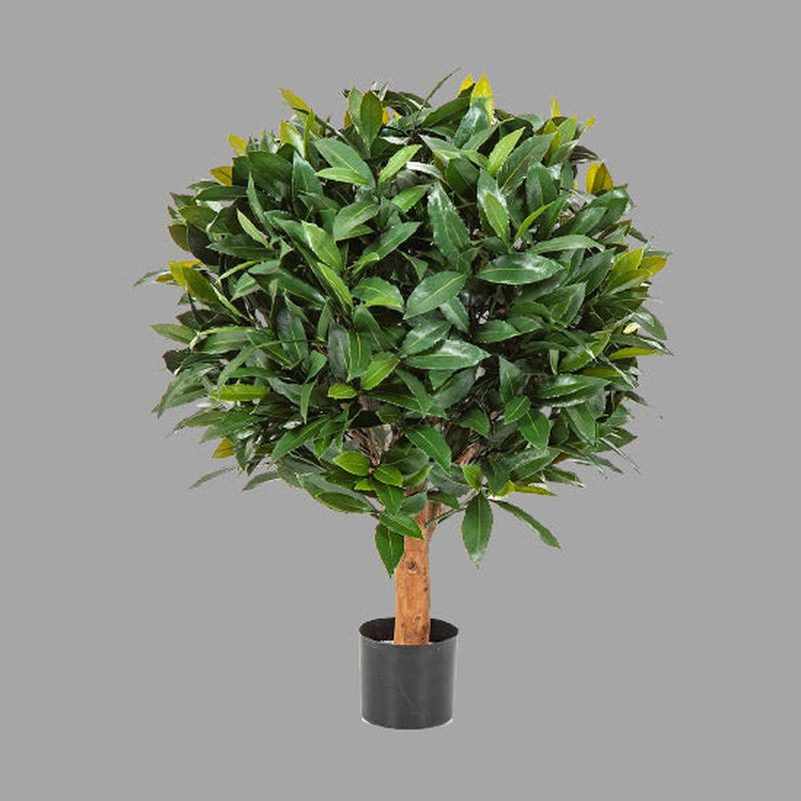 UV-álló, gömb alakú, mű babérfa fekete, műanyag cserépben.