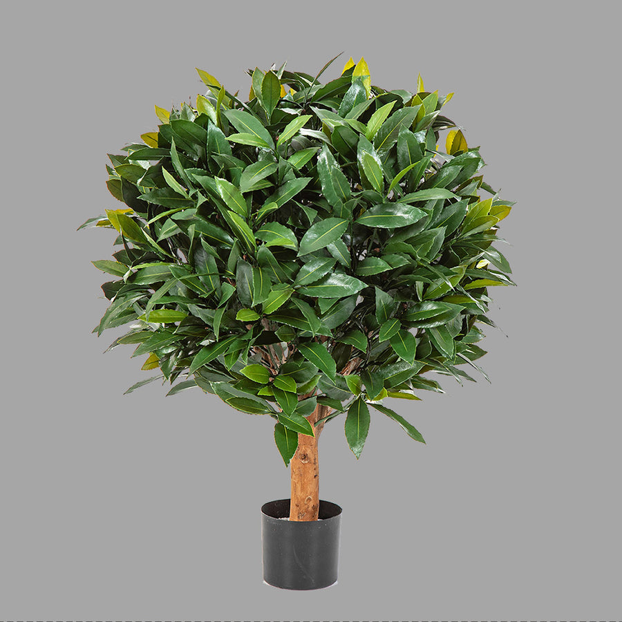 UV-álló, gömb alakú, mű babérfa fekete, műanyag cserépben.